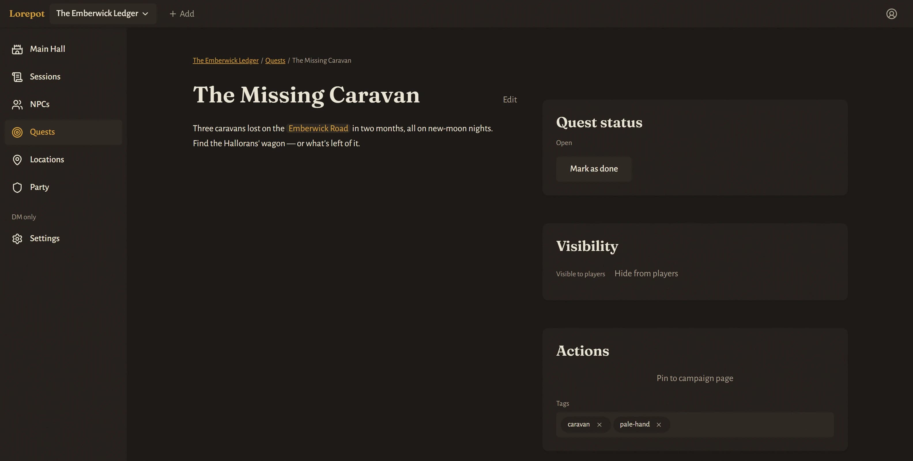 A quest page with its Open/Done status toggle